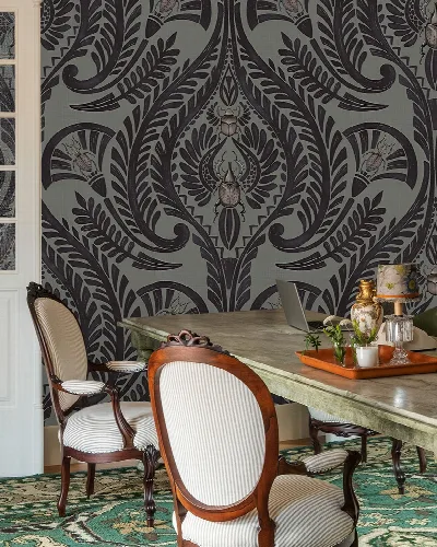 Merevale Verse Ornamental Wallpaper — Charcoal
