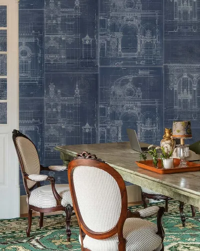 Elowen Tapestry Architectural Wallpaper — Midnight Blue