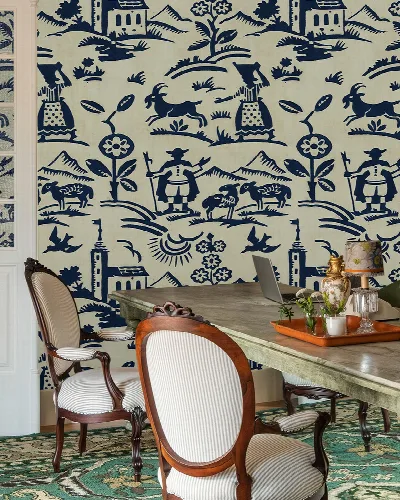 Kestrel Journey Ornamental Wallpaper — Porcelain Blue
