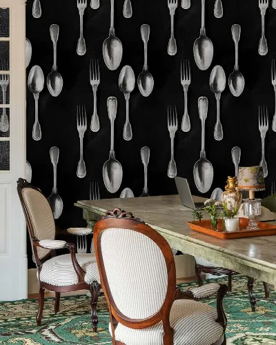 Fenwick Reverie Kitchen Motif Wallpaper — Silver Black