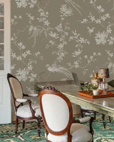 Norwyn Serenade Chinoiserie Wallpaper — Warm Gray