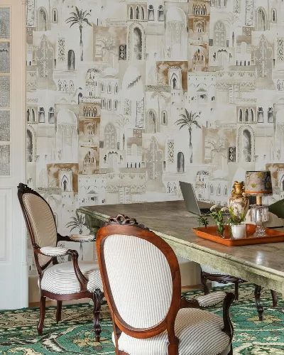 Peverly Tapestry Architectural Wallpaper — Sepia Ivory