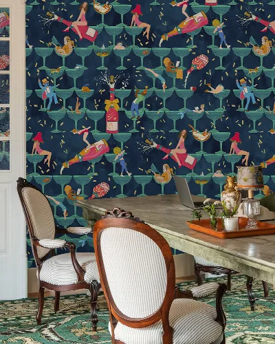 Merevale Drift Kitchen Motif Wallpaper — Midnight Blue