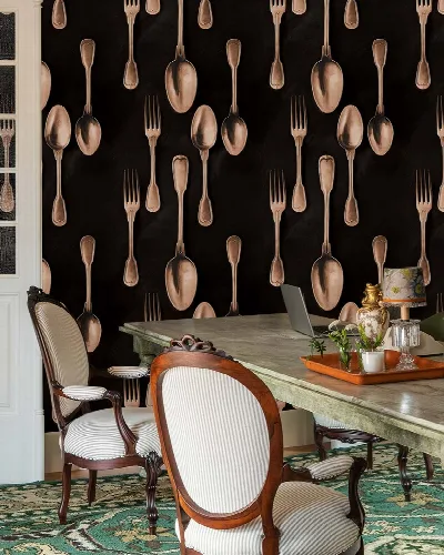 Fenwick Reverie Kitchen Motif Wallpaper — Copper Black