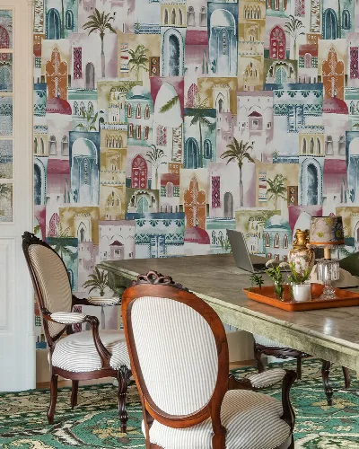 Peverly Tapestry Architectural Wallpaper — Pastel