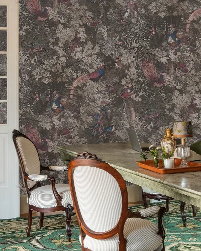 Larkspur Gleam Bird Wallpaper — Charcoal