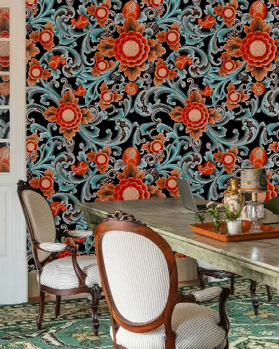 Fenwick Cadence Dark Floral Wallpaper — Tangerine