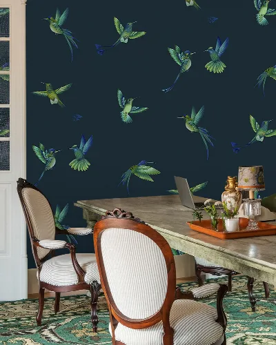 Larkspur Serenade Bird Wallpaper — Midnight Blue