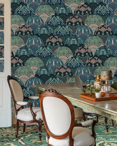 Merevale Chronicle Geometric Wallpaper — Peacock